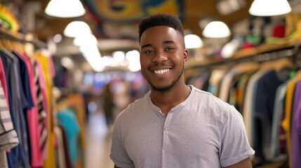 Fototapeta premium A young black American man enjoys shopping in a clothing store at the mall.