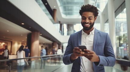 Happy young man uses an app on his smartphone while shopping at the mall.