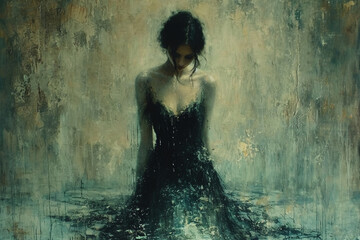 oil painting in notes of grays, suggested fabrics made of painterly textures, romantic, layered compositions, dark white and aquamarine, romantic grafitti, figure, some jewelry, painting style