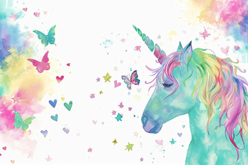 scrapbook background page, in the corner of page, watercolor illustration of a unicorn, hearts, butterflies on a solid white background, vivid colors, green, sky blue, pink, vivid colors, vintage colo
