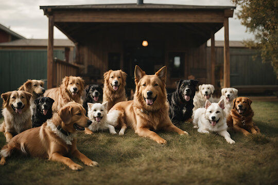 group of dogs in front of a house - Generative AI Image