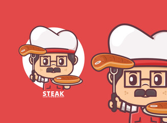 cute chef cartoon with steak, food vector illustration, logo mascot