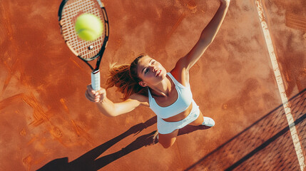Beautiful woman playing tennis on court.  - obrazy, fototapety, plakaty