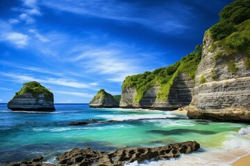 Fototapeta na wymiar Breathtaking shoreline on Nusa Penida Island, Indonesia. Generative AI