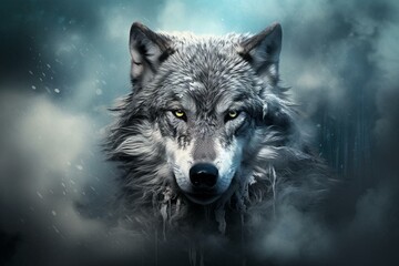 Mystical wolf portrait in a surreal realm. Breathtaking backdro... Generative AI