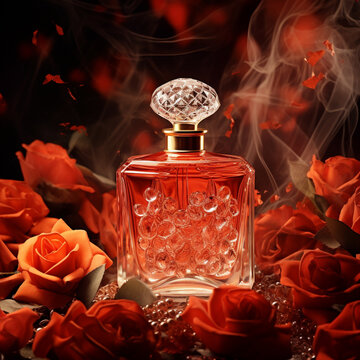 Luxurious perfume bottle on roses background