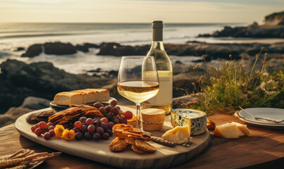 Glasses of white wine and and snacks are served on a table for a picnic with a picturesque beach in the background.