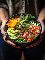 Hands holding a poke bowl with fresh salmon and avocado. Cooking and healthy organic food concept. - 719073381