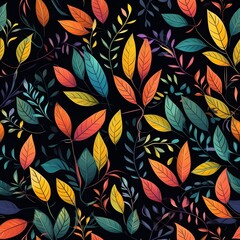 Colorful leaves on black seamless pattern, Ai generative