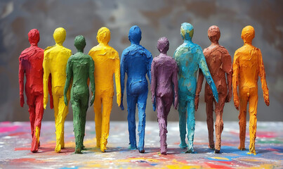 Different colors painted group of people figures symbolizing diversity and ethnicity. Community of colleagues or collaborators