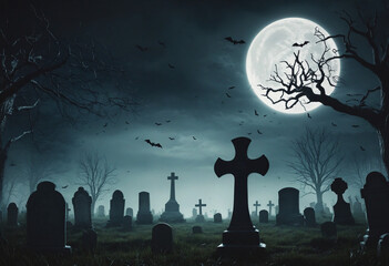 Halloween night background. Cemetery or graveyard in the night with dark sky. Haunted cemetery. Spooky and creepy burial ground. Horror scene of graveyard. Halloween day background. - obrazy, fototapety, plakaty