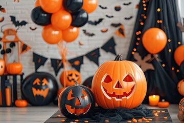 A Halloween party with festive decorations, orange and black balloons, and carved pumpkins
