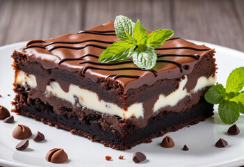 Realistic photography of an appetizing chocolate brownie cake with a refreshing mint layer.