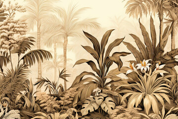 Boho style wallpaper, vintage botanical illustration of tropical leaves. Graphic art of painting jungle landscape