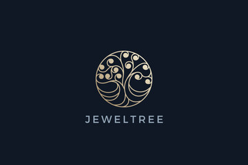 Tree in Circle Logo Gold Linear Outline Vector Template. Luxury Fashion Jewelry Logotype icon.