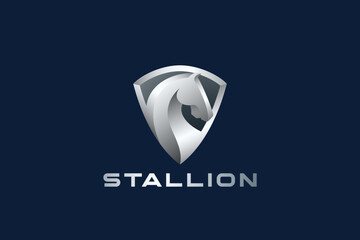Horse Logo Shield Metal Design Vector template. Equestrian Heraldic Sport Stallion Head Logotype concept Badge icon.