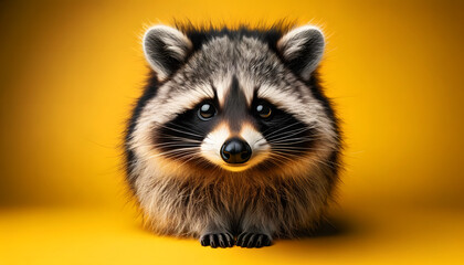 A close-up frontal view of a raccoon on a yellow background