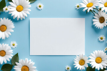 Blank paper sheet card with mockup copy space on light blue and white flowers
