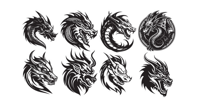 Dragon, logo concept black and white color, tribal dragon tattoo, great set collection clip art Silhouette, Black vector illustration on white background V2