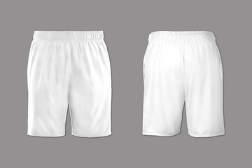 Realistic white shorts mockup isolated on a grey background. front and back view. 3d rendering. - obrazy, fototapety, plakaty