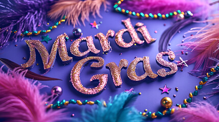 Sparkling background for Mardi Gras celebration with feathers and beads