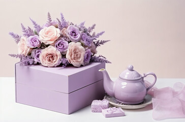 a teapot with a bouquet of flowers in it next to a box of lavenders and lavenders, generative ai