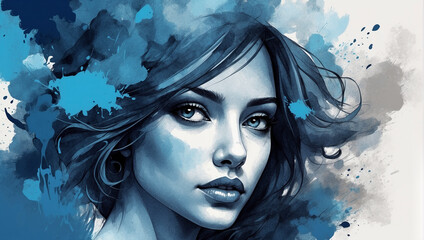 Realistic drawing of a girl, blue color splash, artistic designs