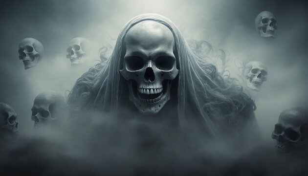 Ghostly illustration of eerie skulls in a foggy scene.