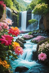 waterfall and flowers
