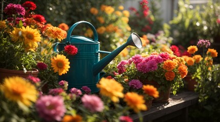 A vibrant and diverse garden scene, with the sun shining down on a variety of colorful flowers and...