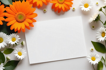 Blank paper sheet card with mockup copy space on orange and white flowers - Mockup