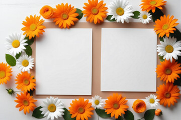 Blank paper sheet card with mockup copy space on orange and white flowers - Mockup