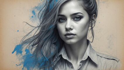 Realistic drawing of a girl, blue color splash, artistic designs