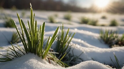 spring green grass breaks through the snow with dew, in the morning sunshine