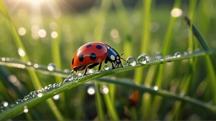 spring green grass with dew, in the sunny rays of the morning, ladybug on the dewy grass