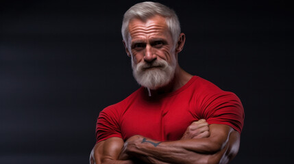 Look at this. Smiling middle aged muscular man in t shirt showing his biceps, while posing in studio over grey background. - Powered by Adobe