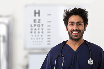 Indian male doctor in front of eye test chart.