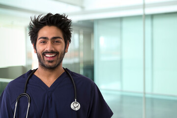Male Indian healthcare worker wearing dark blue Scrubs in a modern, brightly lit clinic.