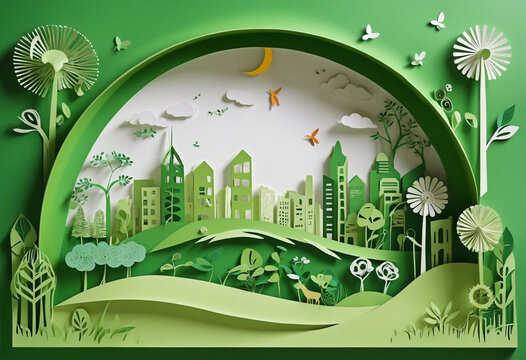 Sustainable city design with environmentally friendly principles. Urban green living and ecological sustainability in a unique paper cut illustration.