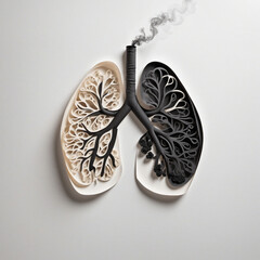 3D Paper-Cut Illustration of a Human Lung with Smoke, Symbolizing Air Pollution and Health Risks from Smoking.