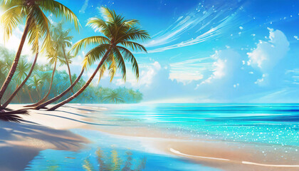 Fototapeta na wymiar Illustration peinture plage vacances paradisiaque soleil palmier ciel bleu