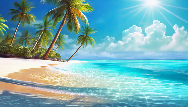 illustration peinture plage vacances paradisiaque soleil palmier ciel bleu
