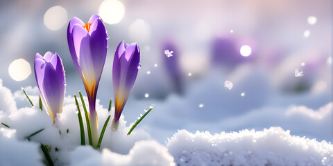 Obraz na płótnie Canvas Crocuses in snow, first spring wildflowers, bokeh effect, selective focus