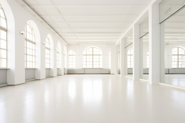 Empty white ballet dance room with big windows