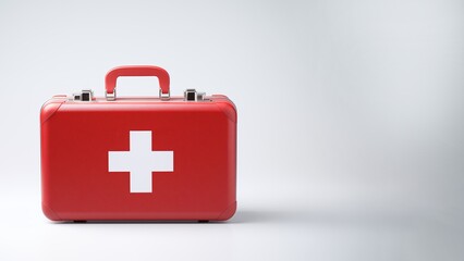 Un kit de premier secours rouge sur fond blanc pour prodiguer des soins d'urgence