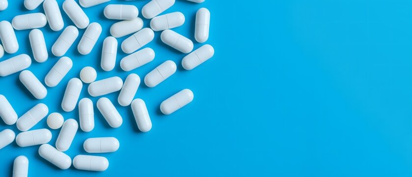 Des g&eacute;lules de m&eacute;dicaments blanc pour pouvoir se gu&eacute;rir sur fond bleu