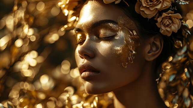 Golden Floral Dream,  woman's profile basked in golden light, adorned with golden leaves and roses, evoking a dreamy, ethereal quality.