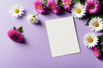 Blank paper sheet card with mockup copy space on purple and white flowers