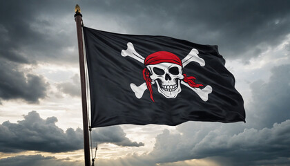 Dark pirate flag waving in the wind against a cloudy sky background, featuring a skull and bones symbol - evoking a mysterious and daring image.