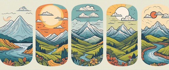 Colorful hand drawn landscape doodle set. Nature mountain cartoon icon collection. Outdoor environment bundle, natural scenery element illustration.